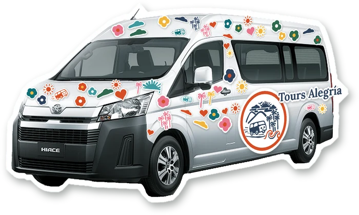 The Tours Alegría Toyota Hiace van covered in colorful stickers with the Tours Alegría logo